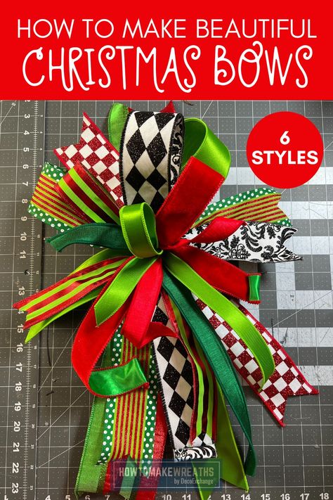 Making Christmas Bows Out Of Ribbon, How To Make Large Ribbon Bows, How To Make A Bow For Tree Topper, Grinch Tulle Wreath Diy, Swag Bows How To Make, Making Bows For Presents, Bow Wreath Diy How To Make, Scrap Ribbon Bow, Bowdabra Bows Tutorials How To Make