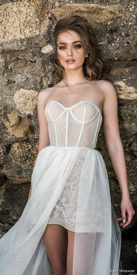 dany mizrachi 2018 bridal strapless sweetheart neckline bustier bodice mini skirt short wedding dress a  line overskirt (7) zv -- Dany Mizrachi 2018 Wedding Dresses Short Wedding Gowns, Wedding Dress A Line, Gaun Fashion, Wedding Dresses 2018, Wedding Reception Dress, Strapless Sweetheart Neckline, Tea Length Wedding Dress, Mini Dresses Online, Skirt Short