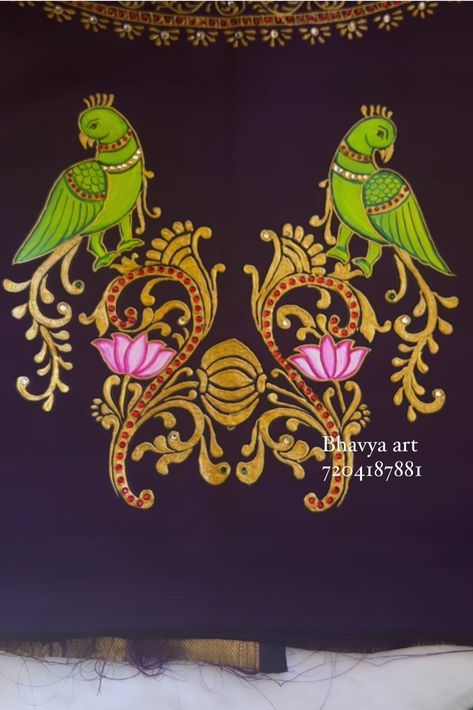 Kalamkari Fabric Painting, Elephant Tanjore Painting On Fabric, Tanjore Painting Sketches Parrot, Thanjavur Painting On Fabric, Parrot Tanjore Painting, Tanjore Painting Sketches For Blouse, Tanjore Painting On Fabric, Tanjore Painting On Blouses, Tanjore Painting Sketches