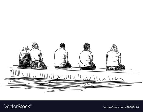 Sketch Group Of People, People Sitting On Bench, Bench Drawing, Sitting On Bench, Sketches Of People, Minimalist Drawing, Vector Sketch, Hand Drawn Illustration, People Sitting