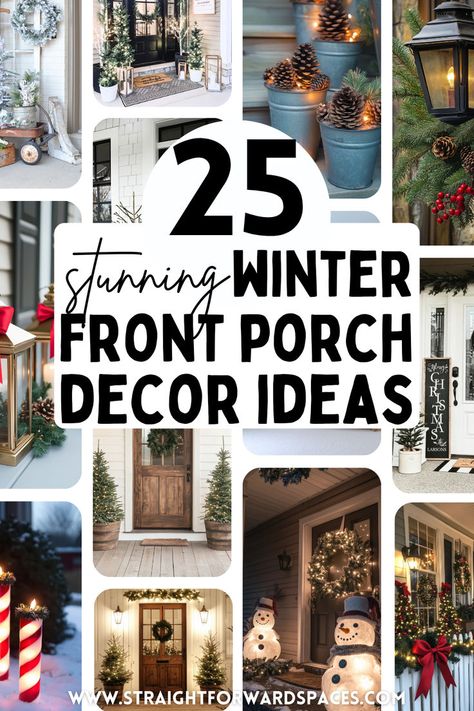 stunning winter porch decor ideas for a beautiful holiday season. January Porch Decor, Front Porch Winter Decor Ideas, January Front Porch Decor, Front Porch Winter Decor, Farmhouse Christmas Porch Decor, Home Decor Exterior, Farmhouse Christmas Porch, Winter Porch Decorations, Simple Front Porch