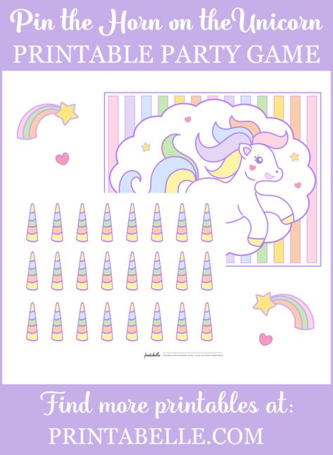 This printable Rainbow Unicorn "Pin the Horn on the Unicorn" party game is 8x10 inch PDF file, to make it really easy for you to print. It also comes with a page of horns.  If you would prefer a 24x30 inch PDF file, you can add that to the price below.  For Personal Use Only. Do not modify, change, redistribute or sell.  <strong>PRINTABLE PDFs WILL BE EMAILED TO YOU WITHIN 24 HOURS OF PURCHASE! If needed sooner than 24 hours, contact me at printabelle@gmail.com to find out if ... Pin The Horn On The Unicorn Diy, Pin The Horn On The Unicorn, Unicorn Pin, Rainbow Unicorn Party, Birthday Party Games For Kids, Fun Party Themes, Unicorn Party Decorations, Girl Scout Ideas, Unicorn Decorations