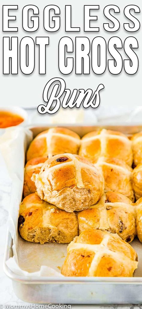 These Eggless Easter Hot Cross Buns are soft, fluffy a deliciously spice flavored! Make some traditional hot cross buns from scratch, with this easy step-by-step recipe. #recipe #eggless #eggfree #eggallergy #buns #bread #rolls #easy #sweet #Easter #traditional #fromscratch Bread Rolls Easy, Hot Cross Buns Recipe Easy, Easter Hot Cross Buns, Cross Buns Recipe, Rolls Easy, Hot Cross Buns Recipe, Easter Recipe, Eggless Recipes, Buns Recipe