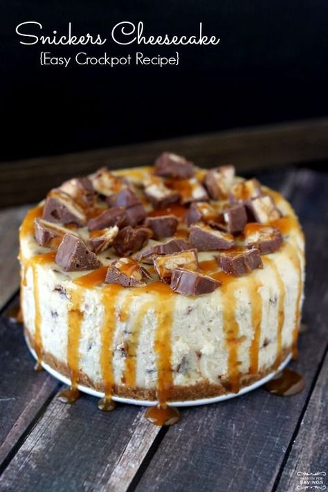 Homemade Snickers Cheesecake made in the crockpot! You will want to try this Crockpot dessert Recipe! Easy Crock Pot Dessert Recipes, Snickers Recipes, Snickers Cheesecake Recipe, Snickers Torte, Snickers Recipe, Crockpot Dessert, Small Cheesecakes, Snickers Cheesecake, Recipe Crockpot