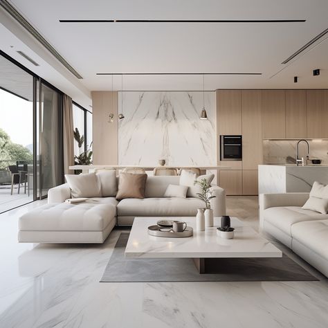 Immerse in the soft elegance of these white, marble-infused living rooms. Rendered with lifelike precision and warm, muted tones, the spaces exude a serene, earthy naturalism. #MarbleLivingRooms #WhiteInteriors #NaturalisticRenderings #ModernHomeDesign Marble Floor Living Room, White Living Rooms, Marble Living Room, Banja Luka, Marble Interior, Bedroom Color Combination, White Marble Floor, Japandi Living, Italian Interior Design