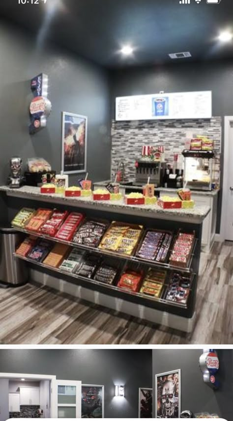 Theatre Room Snack Bar, Home Movie Theater Room Snack Bar, Movie Theatre Snack Bar, In House Movie Theater, Theater Room Snack Bar, Basement Snack Bar Ideas, Home Theater Snack Bar Ideas, Home Snack Bar, Home Movie Theater Snack Bar