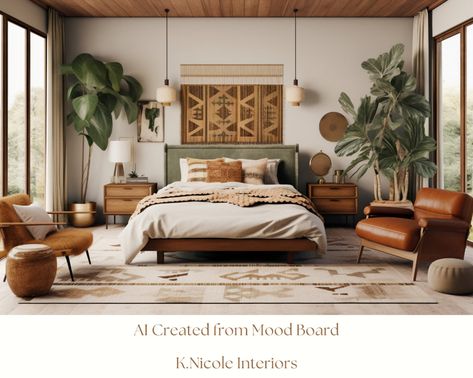 Midcentury Bohemian Mood Board With Links and Color Palette - Etsy Bohemian Mood Board, Boho Mood Board, Boho Color Palettes, Midcentury Boho, Mediterranean Bedroom, Modern Boho Bedroom, Earthy Bedroom, Bedroom Colour Palette, Luxury Bedroom Master