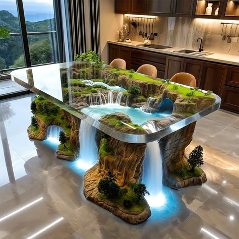 Waterfall Interior Design, Waterfall Interior, Wood Waterfall, Island Waterfall, In Tables, Wooden Dining Table Designs, Garden Wall Designs, Yacht Interior Design, Fantasy Furniture