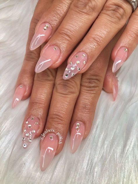 Almond Shape Aprés GelX Nails Cute Almond Shape Nail Ideas, Almond Shape Nails With Rhinestones, Baddie Nails Almond Shape, Almond Shape Birthday Nails, Almond Shaped Nails With Rhinestones, Diamond Almond Nails, Almond Nails Rhinestones, Bling Almond Nails, Almond Nails With Rhinestones