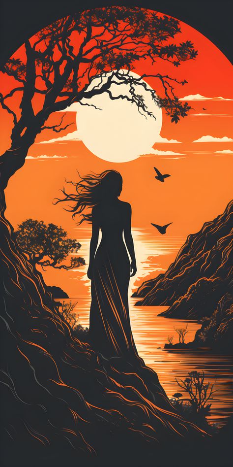 In this single artwork, immerse yourself in a minimalist two-tone interpretation of the beauty of nature, complete with flat shading and no depth. As the sun dips below the horizon, the sky ignites in vibrant colors. A woman gazes toward the heavens, lost in contemplation. This piece captures the essence of a colorful sunset and the tranquility of nature's beauty, inviting you to share in a moment of quiet reflection beneath a radiant sky. Flat Shading, Single Artwork, Sunset Artwork, Colorful Sunset, Silhouette Painting, Beautiful Art Paintings, Cover Art Design, Art Gallery Wallpaper, Art Painting Gallery