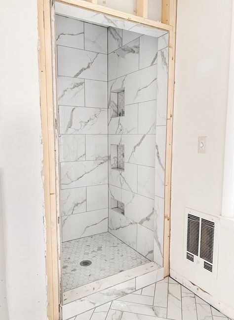 Small Shower Renovation, Faux Marble Bathroom, Tile Shower Floor, Marble Herringbone Tile, Marble Shower Tile, Herringbone Tile Floors, Marble Herringbone, Shower Renovation, Small Shower