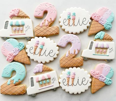 Ashley | Spokane Sugar Cookies | Dreaming of summer days filled with extra daylight, sunshine, ice cream cones, and adventures. Also, it’s the custom made color… | Instagram Ice Cream Theme Cookies, Ice Cream Sugar Cookies, Two Sweet Cookies, Ice Cream Cookies Decorated, Ice Cream Theme, Iced Sugar Cookies, Summer Cookies, Ice Cream Birthday, Ice Cream Cookies