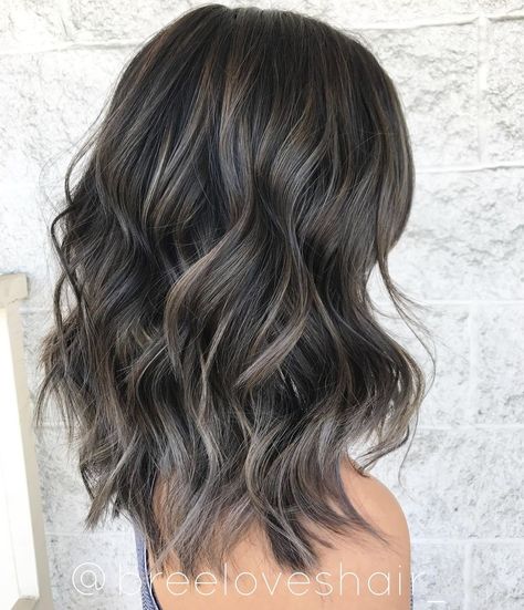 Super Ashy Dark Brown Hair, Black Hair Mushroom Highlights, Partial Highlight On Dark Hair, Dark Brown And Ash Balayage, Mushroom Brown On Dark Hair, Mushroom Brown Babylights On Dark Hair, Medium Mushroom Brown Hair, Mushroom Brown Hair Color Shoulder Length, Mushroom Balayage On Dark Hair