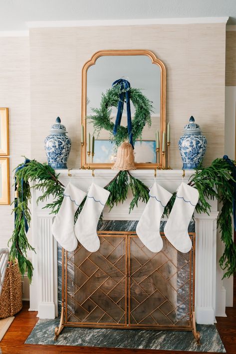 Christmas Home Tour 2022 | mckenzie fussell I Alone, Holiday Mantle Decor, Chinoiserie Christmas, Southern Christmas, Coastal Christmas Decor, Blue Christmas Decor, The Mantle, How To Make Christmas Tree, 3am Thoughts