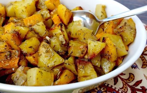 Slow Roasted Butternut Squash and Potatoes with Olive Oil and Lime Butternut Squash And Potatoes, Squash And Potatoes, Olive Tomato, Greek Potatoes, White Balsamic, Fall Dishes, Meyer Lemon, Mediterranean Dishes, Roasted Butternut Squash