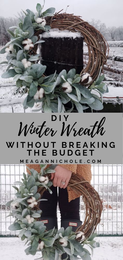 wintery wreath with a snowy background January Wreath, Diy Winter Wreath, Wreaths Winter, Budget Christmas, Winter Wreath Diy, Kerajinan Diy, Diy Christmas Wreaths, Winter Decorations Diy, Diy Winter