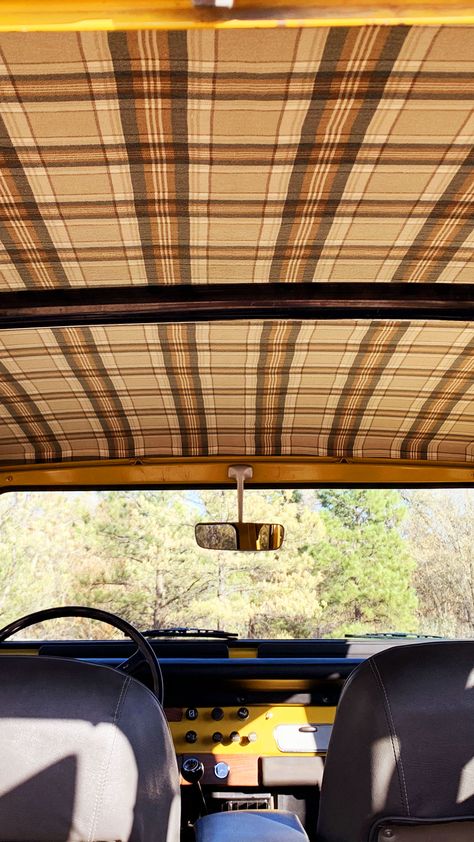 Custom plaid headliner for 1976 Toyota Land Cruiser Plaid Interior Car, Plaid Car Interior, Custom Headliner, Land Cruiser Interior, Vintage Car Interior, Blazer K5, Toyota Fj40, Custom Interior, Rock Crawler