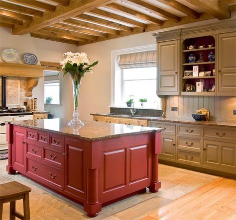 Raspberry Kitchen, Red Kitchen Island, Galley Kitchen Remodel, Kitchen Island Ideas, Kitchen Island Decor, Kitchen Cabinet Remodel, Kitchen Island Design, Island Ideas, Kitchen Cabinet Colors