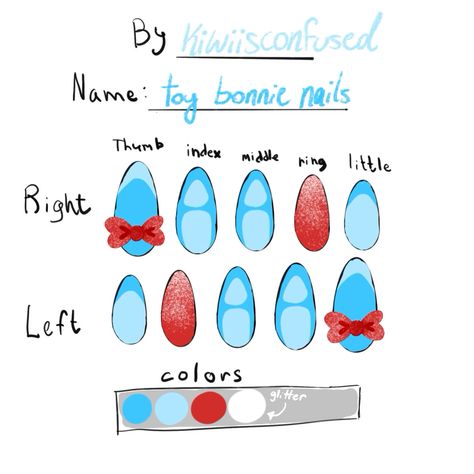 toy bonnie FNAF nail design concept art! (the bows r charms btw) Fnaf Nail Art, Fnaf Nails, Fnaf Toy Bonnie, Bonnie Fnaf, Mani Ideas, Girly Acrylic, Toy Bonnie, Girly Acrylic Nails, Design Concept