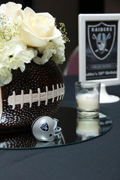 Football Party Centerpieces Football Vase, Football Party Centerpieces, Raiders Wedding, Football Wedding Theme, Football Centerpieces, Banquet Centerpieces, Sports Themed Wedding, Football Banquet, Football Wedding