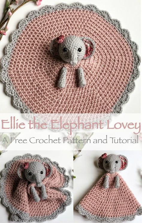 Ellie the Elephant Lovey- Free Pattern - A Purpose and A Stitch Elephant Lovey Crochet Free Pattern, Elephant Lovey Crochet, Crocheted Lovey, Crochet Security Blanket, Crochet Elephant Pattern, Lovey Crochet, Crochet Baby Blanket Free Pattern, Lovey Pattern, Crochet Lovey