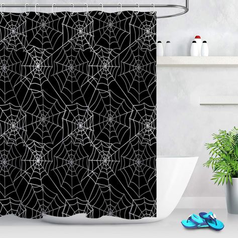 Black Grey Bathroom, Spider Web Decor, Cat Shower Curtain, Cute Shower Curtains, Spider Web Decoration, Halloween Shower Curtain, Halloween Bathroom, Bathroom Decorations, Grey Bathroom