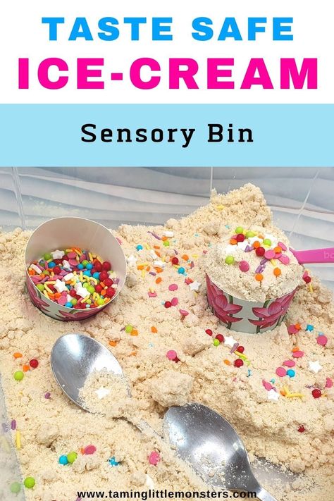 Taste Friendly Sensory Bin, Edible Sensory Bins, Ice Cream Sensory Bin, Summer Sensory Activities, Summer Sensory Bin, Ice Cream Sensory, Taste Safe Sensory, Summer Sensory, Kindergarten Science Activities