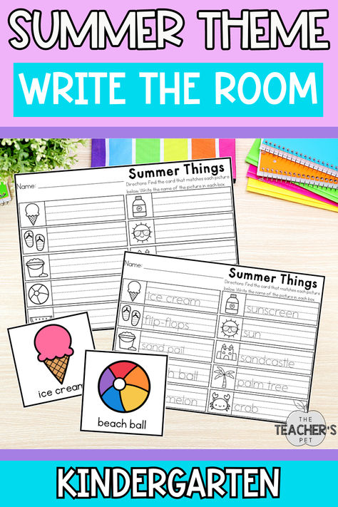 Write the Room is a fun and engaging activity for students! Students hunt for words around the room and record each one on a corresponding recording sheet. This fun summer theme is a great literacy activity your kindergarten students will love. Write The Room Kindergarten Freebie, Kindergarten Write The Room, Literacy Provocations, Writing Center Kindergarten, Daily Schedule Cards, Activity For Students, Kindergarten Freebies, Summer Writing, Teacher's Pet