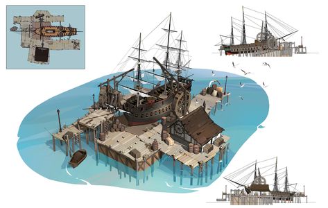 ArtStation - Pirate Architecture Designs, Brian Matyas Pirate Architecture, Brian Matyas, Pirate Ship Design, Pirates Cove, Sea Of Thieves, Landscape Model, Adventure Inspiration, 3d Architecture, Isometric Illustration