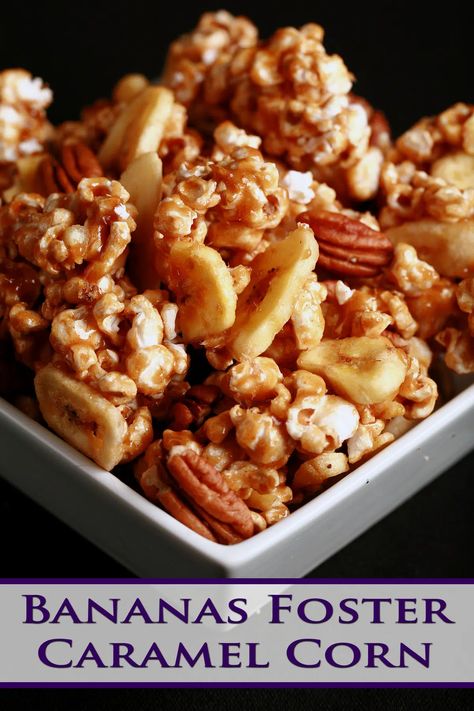 A bowl of Bananas Foster Caramel Popcorn. White Cheddar Popcorn Recipe, Cheddar Popcorn Recipe, Trending Snacks, Candy Corn Recipe, Flavored Popcorn Recipes, Popcorn Recipes Sweet, Popcorn Ball, Caramel Popcorn Recipe, Popcorn Balls Recipe