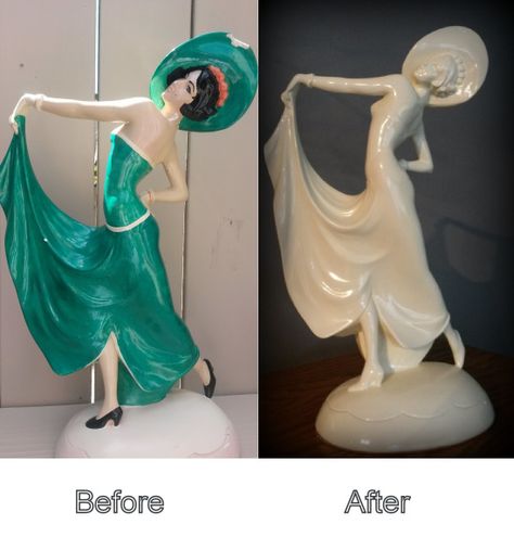 DIY Repair. This is a plaster figurine that I picked up at my local thrift store.She was poorly painted and pretty battered. I gave her a good cleaning, did a lot of repairs and gave her a fresh coat of paint. From plaster to porcelain. Thrift Store Repaint, Repaint Ceramic Figurine, Thrift Store Figurine Makeover, Repainting Ceramic Figurines, Painting Figurines, Green Lady, Thrift Store Makeover, Local Thrift Stores, Diy Repair