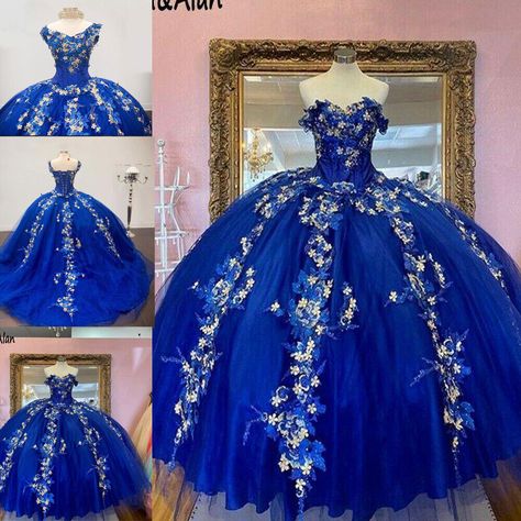 Royal Blue Quinceanera Dresses with 3D Floral Applique Bead Sweet 16 Ball Gowns | eBay Royal Blue And Silver Quinceanera, Blue Butterfly Quinceanera Theme, Silver Quince Dresses, Royal Blue 15 Dresses Quinceanera, Royal Blue Quince Dress, Royal Blue Quinceanera Theme, Quinceanera Blue, Royal Blue Quinceanera Dresses, Blue Quinceanera Dresses