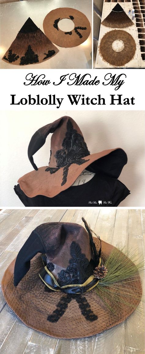 Diy Witch Costume Belt, Diy Felt Witch Hat Pattern, Wide Brim Witch Hat, Pattern For Witches Hat, Gnome Witch Hat Diy, Making Witches Hats, Pine Cone Costume, Halloween Diy Witch Costume, Witch's Hat Diy