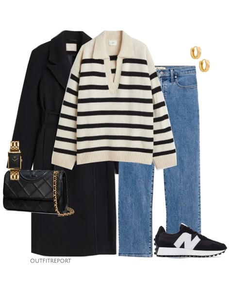 Blue Jeans Black Sneakers Outfit, Fall Dress With Sneakers Outfit, Blue New Balance Shoes Outfit, Blue Trainers Outfit, Striped Knit Sweater Outfit, Wool Jumper Outfit, Autumn Outfits Jeans, Blue Striped Sweater Outfit, Black Striped Sweater Outfit