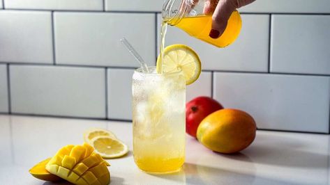 Adam Liaw's mango scrap syrup Lemon Syrup, Mango Syrup, Stainless Steel Mixing Bowls, Fruit Peel, Soda Water, Mango Flavor, Fruity Drinks, Lemon Rind, Vegan Gluten Free