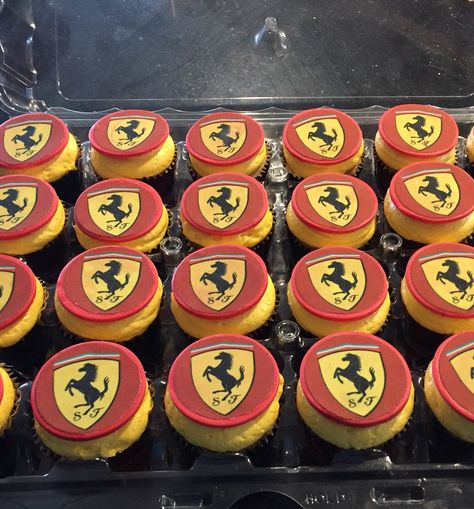 Custom designed Ferrari logo cupcakes Ferrari Cupcakes, Sixteenth Birthday, Birthday Themes, Themed Cupcakes, Ferrari Logo, Cake Creations, Birthday Theme, Ferrari, Cupcake