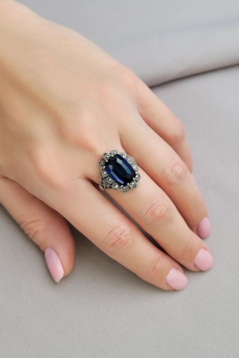 Oriental ottoman ring with noble blue sapphire, 925 Sterling Silver turkish jewelry, vintage gift for woman.

* Stone Dimensions: 13 x 10 mm.
* Ring crown height: 7 mm.
* Ring crown size: 18 × 22 mm.
* Adjustable size thanks to special cut (Inner diameter 17, 18 and 19 mm - please inform me which one you prefer). Turkish Rings, Ring Crown, Valentine Jewelry, Selling Handmade Items, Jewelry Board, Handmade Boutique, Get Well Soon Gifts, Turkish Jewelry, Group Boards