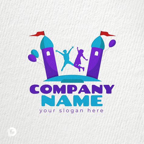 This logo can be used for various businesses, including: Jumping castle, kids parties, bouncy castles and playground hire. Bounce House Logo Ideas, Bounce House Logo Design, Party Rental Logo, Bounce House Logo, Nursery Branding, Playground Logo, Forge Design, Fs Logo, Party Rentals Business