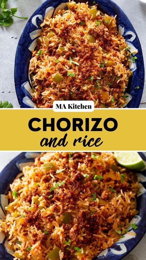 collage of chorizo rice with text overlay Easy Chorizo Recipes, Chorizo And Rice, Chorizo Recipes Dinner, Chorizo Rice, One Pot Rice Meals, Cultural Food, Rice Side Dish Recipes, Mexican Chorizo, Cube Steak Recipes