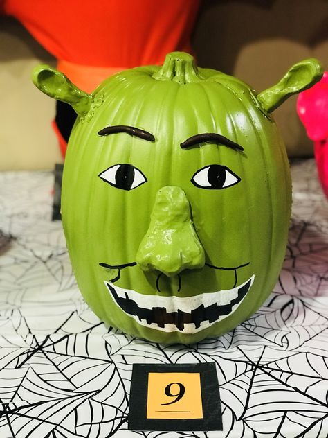 Shrek. Pumpkin decorating. #appleadaydentalpumpkincontest Shrek Painted Pumpkin, Shrek Pumpkin Painting, Shrek Pumpkin, Shrek Decorations, Darth Vader Pumpkin, Ninja Turtle Pumpkin, Character Pumpkins, Office Halloween, Pumpkin Carving Designs