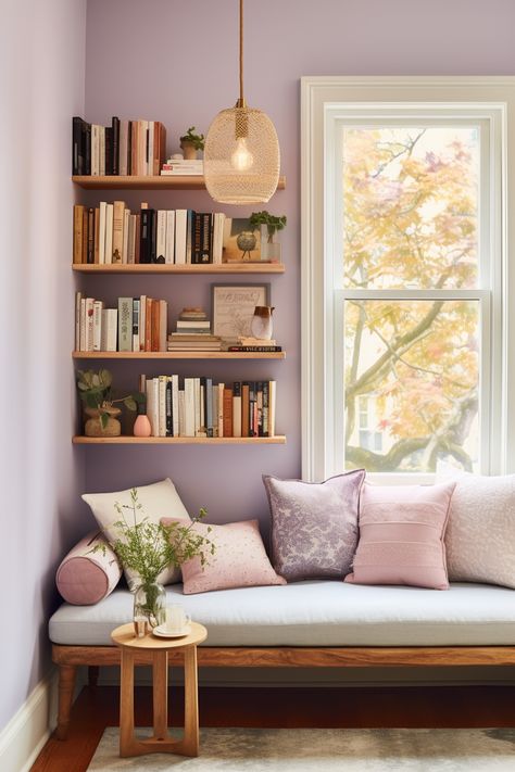 Honeysuckle Cottage, Home Library Rooms, Corner Ideas, Narrow Living Room, Cozy Places, Book Corner, Reading Nooks, Reading Corner, Reading Room