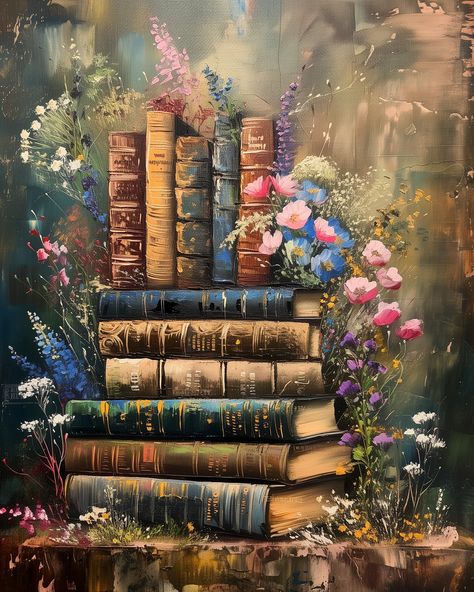 Book Facebook Cover Photos, Books Painting Art Acrylic, Vintage Book Cover Wallpaper, Books And Plants Aesthetic, Oil Painting Books, Book Painting, Books And Flowers Painting, Book Oil Painting, Acrylic Paint Brushes