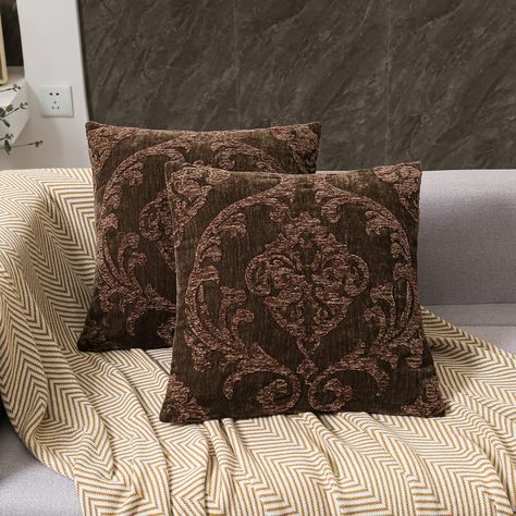 PRICES MAY VARY. Cashmere-like Fabric PRODUCT INFORMATION: Pack of 2, 18X18 inch pillow covers without insert SOFT & COMFORTABLE MATERIAL: These throw pillow covers are made of faux cashmere, it's fluffy and soft, warm and comfortable NICHE & ELEGANT STYLE: The pattern of the decorative pillow covers is embroidered in damask style, the damask pattern symbolizing wisdom and art, bringing a unique and elegant atmosphere to each space EXQUISITE & INTRICATE CRAFTMANSHIP: These accent cushion covers Dark Throw Pillows, Brown Couch With Pillows, Boho Throw Pillows Couch, Bedroom Sofa Chair, Dark Brown Couch Living Room, Dark Brown Couch, Accent Couch, Pillows For Living Room, Brown Couch Living Room