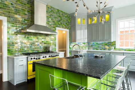 Mission Tile West, Lime Green Kitchen, Homemade Furniture, Handcrafted Tile, Luxury Furniture Design, Cabinetry Design, Beautiful Tile, Style Tile, Green Kitchen