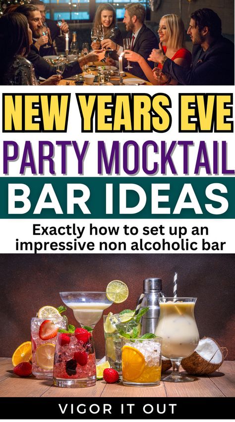 Christmas or New Years Eve Party Mocktail Bar Ideas. How to set up a non alcoholic bar ar parties. Make an impressive sober nonalcoholic mock tail drink bar for your holiday party this year. Healthy mock cocktail recipes too! Mocktail Bar Ideas, Non Alcoholic Bar, Mock Cocktails, Mocktail Party, Chemical Free Food, Mocktail Bar, Mom-osa Bar, New Years Eve Food, Drink Bar