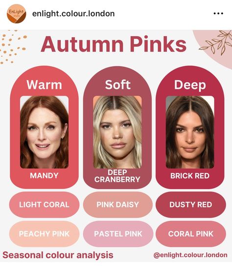 Pink For Dark Autumn, Makeup For Red Undertones Skin, Deep Autumn Color Palette Hair, Soft Autumn Blush, Warm Autumn Makeup, True Autumn Makeup, Deep Autumn Makeup, Soft Autumn Makeup, Deep Autumn Palette