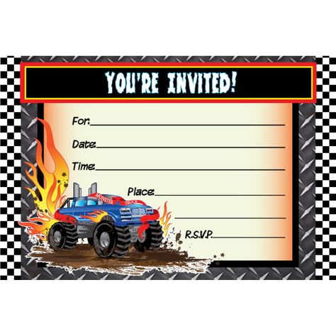 Monster Truck Birthday Invitations | FREE Printable Birthday Invitation Templates - Bagvania Monster Truck Invitations, Monster Truck Birthday Invitations, Truck Birthday Invitations, Truck Party Invitations, Online Birthday Invitations, Monster Jam Birthday, Birthday Party Invitation Wording, Monster Truck Theme, Monster Truck Party