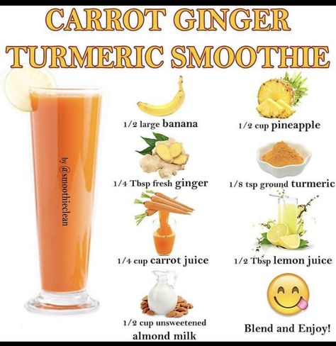 Diet For Clear Skin, Ginger Turmeric Smoothie, Carrot Juice Benefits, Inflammation Diet Recipes, Turmeric Drink, Turmeric Juice, Anti Inflammation Recipes, Turmeric Smoothie, High Protein Smoothies