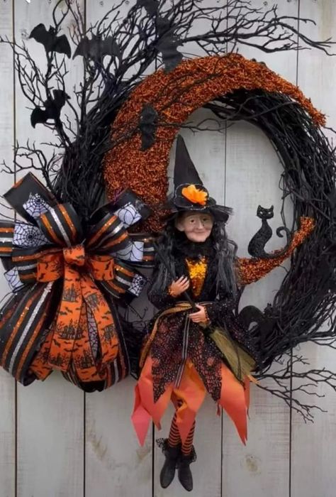 Dor Designers Showcase | available hopefully someone will love it 😍DM if you are interested | Facebook Cat Sitting On Moon, Halloween Front Door Decorations, Halloween Witch Wreath, Mr Bones, Halloween Mesh Wreaths, Entrance Wall, Halloween Front Doors, Black Wreath, Diy Halloween Wreath