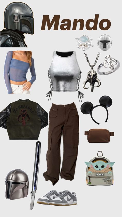 Din/ mando inspired fit Starwars Disney Bounding, Anakin Disneybound, Star Wars Inspired Outfit, Star Wars Disney Bound, Hollywood Studios Outfit, Star Wars Inspired Outfits, Star Wars Disneybound, Disneybound Ideas, Mandalorian Costume